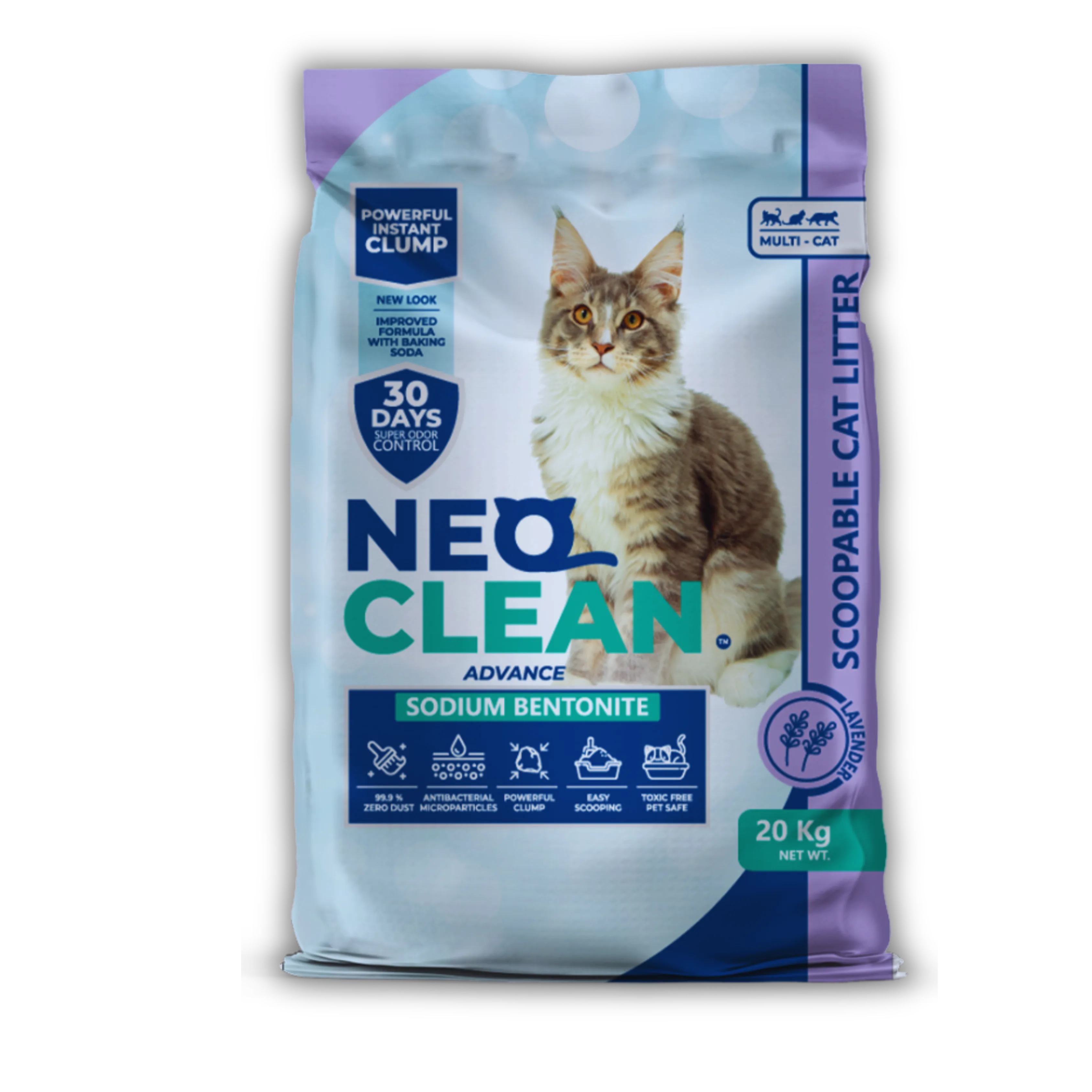 Imagen de una arena sanitaria marca NeoClean 20kg aroma lavanda